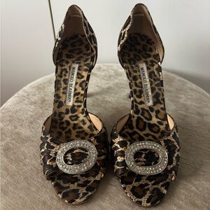 Manolo Blahnik Leopard Satin D'Orsay Peep Toe Pumps